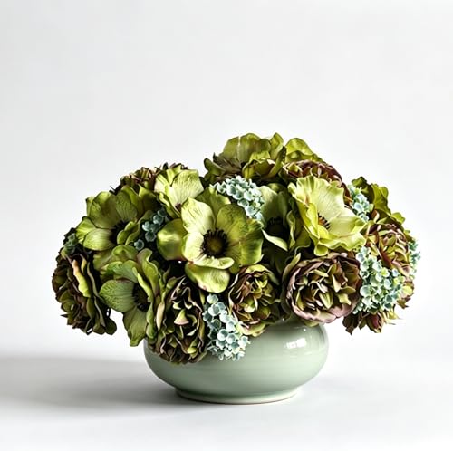 6 Pcs Faux Green Peony Artificial Flowers (No Vase) Look Real,Real Touch Fake Flowers for Outdoors & Indoor Home Decor Wedding Party Gifts DIY Bendable Stem Artificial Plants 11.02"