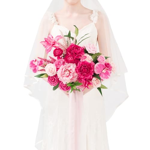 TINGE TIME 11 Inch Wedding Bouquets for Bride，HotPink Artificial Flowers Bouquet， Brides & Bridesmaids Bouquet for Wedding Anniversary Ceremony Bridal Shower Decorations - color: Hot Pink