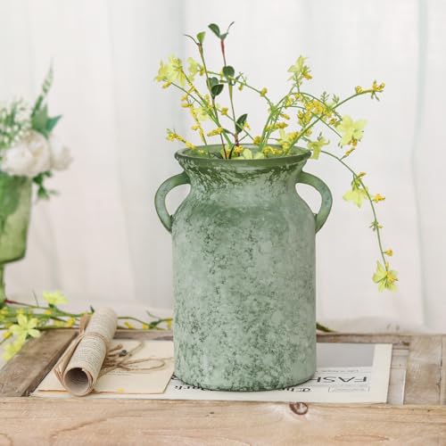 SHMILMH Glass Flower Vase with Handle – 8 Inches Rustic Imitation Ceramic Vase for Flowers, Vintage White Green Centerpiece Decor for Farmhouse, Modern Home, Table & Holiday Decorations - color: White Green