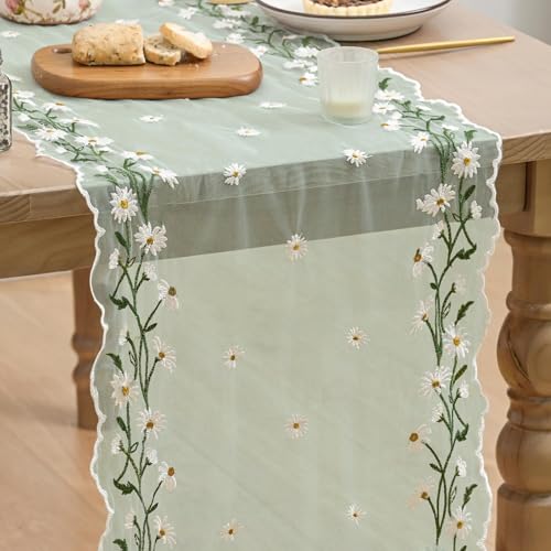 Artoid Mode Daisy Floral Sage Green Shaped Gauze Embroidery Table Runner 120 Inch 10FT, Tulle Spring Summer Kitchen Dining Table Decor for Home Party - color: Sage Green