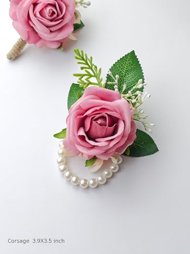 Pink Rose Corsage and Boutonniere Set Wristlet Corsage for Bride Bridesmaids, Boutonniere for Groom Groomsmen Prom Wedding Flowers Accessories,Homecoming, Anniversary, Graduation (Pink) - color: Pink