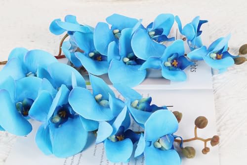 38 Inch Blue Orchids Artificial Flowers 6 PCS Fake Orchids Velvet Silk Orchids Faux Orchid Flowers Long Stem Artificial Flowers for Tall Vase for Home Wedding Decoration(Cyan Blue) - color: Cyan Blue
