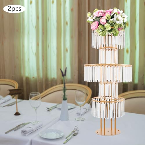 2Pcs 5 Tiers Wedding Centerpieces Vase, 43.3" Tall Wedding Centerpieces Crystal Flower Stand, 5-Tier Crystal Vase with 11" Round Base for Party Event Home Decoration (Gold) - color: Gold+round Base