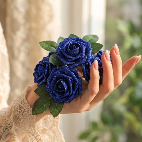 30Pcs Royal Blue Artificial Crystal Rose Artificial Flowers, Realistic Fake Crystal Roses for Wedding Center Decorations, Party Home Decorations, Valentine's Day, Bouquets. - color: 30pcs Royal Blue