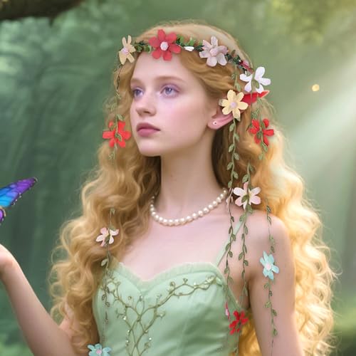 Colorful Fairy Flower Headpiece, Bohemian Hippie Daisy Floral Headband, Forest Vine Flower Crown for Women Bridal Wedding Boho Renaissance Party Costume Cosplay Accessory - color: Multicolor 1
