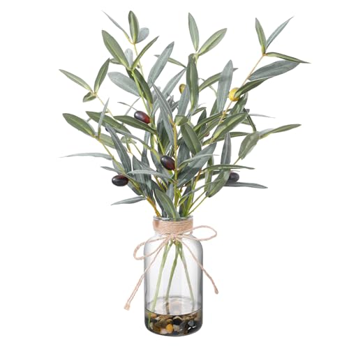 15.74” Artificial Olive Branches in Glass Vase with Faux Water & Natural Stones, Lifelike Fake Greenery for Modern Farmhouse Home Decor, Bathroom decor, Office Desk Centerpiece, Housewarming Gift - color: Sl-0977