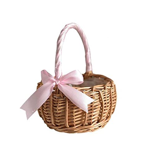 Vctitil Wicker Rattan Flower Basket,Wedding Flower Girl Basket Hand Woven Flower Basket Decoration,Candy Storage Basket Home Decoration(S,pink) - color: pink