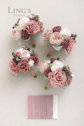 Ling's moment Artificial Bridesmaid Bouquets Set of 4,Dusty Rose Wedding Flower Bouquets Mauve Floral Bouquet Bridal Bouquets with Ribbon,Ceremony,Anniversary,7-inch Diameter - color: Pk-dusty Rose & Mauve