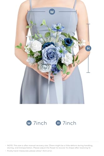 Ling's moment Artificial Flowers Dusty Blue Bridesmaid Bouquet Set of 4, Blue & Ivory Wedding Flowers Bouquets for Bridesmaids, 7 Inch Bridal Bouquets for Bridesmaids, Wedding, etc - color: Blu-dusty Blue