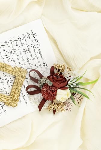 Ansofi Burgundy Wine Red Corsage and Boutonniere Set Artificial Rose Flower Wrist Corsage and Boutineers for Groom Groomsmen Bride Bridesmaids Prom Rustic Vintage Wedding Decor - color: Burgundy Wine Red