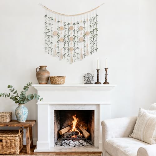 Dahey Hanging Artificial Plant Eucalyptus Wall Decor 43'' Wooden Bead Garland with Fake Greenery Leaves Boho Rustic Farmhouse Wall Art for Living Dining Room Bathroom Bedroom Kitchen Decoration - size: 43 inches