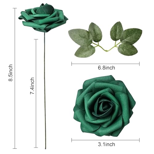 25pcs Dark Green Artificial Flower Foam Rose Real Touch Roses Flower Heads with Stem for DIY Wedding Bouquets Centerpieces Arrangements Party Baby Shower Home Decor (Dark Green) - color: Dark Green