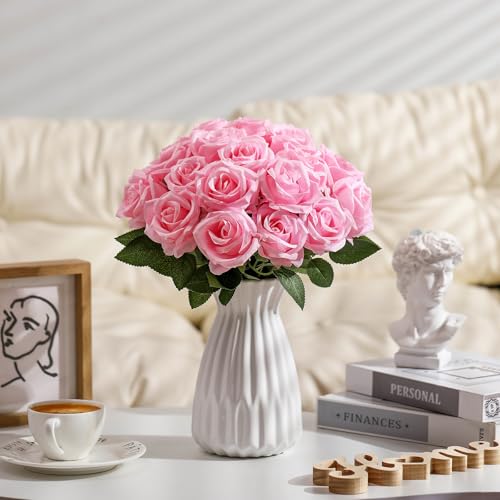 Thiccywoov 30 Pcs Rose Artificial Flowers in Bulk Lifelike Long Stem Silk Roses Bouquets Realistic Faux Flowers for Wedding Bridal Shower Home Decor Floral Arrangements Table Centerpiece(Pink) - color: Pink