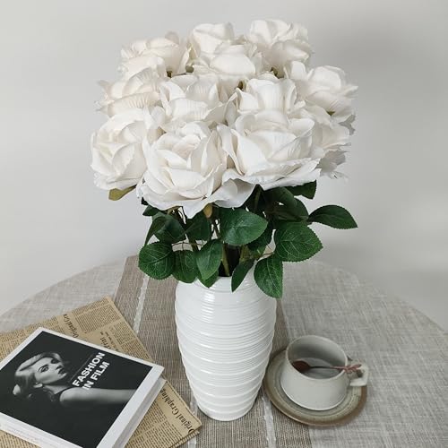 ATFL Fake White Roses Artificial Flowers Bulk,Floral Diameter 4'',20 Pcs Artificial Silk Roses Flowers with Stems for Wedding Arrangement Centerpieces Party Home Table Decorations (20, White) - color: White