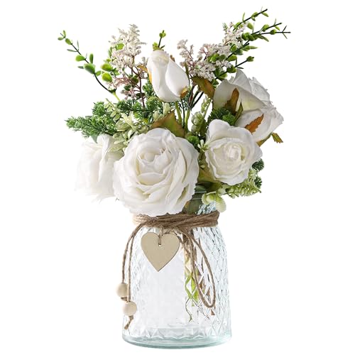 2 Packs Faux Flowers in vase,Fake Flowers with Vase, Artificial Silk Roses in Vase, Artificial Flowers in Vase, Faux Flower Arrangement with Vase for Farmhouse (White with vase)