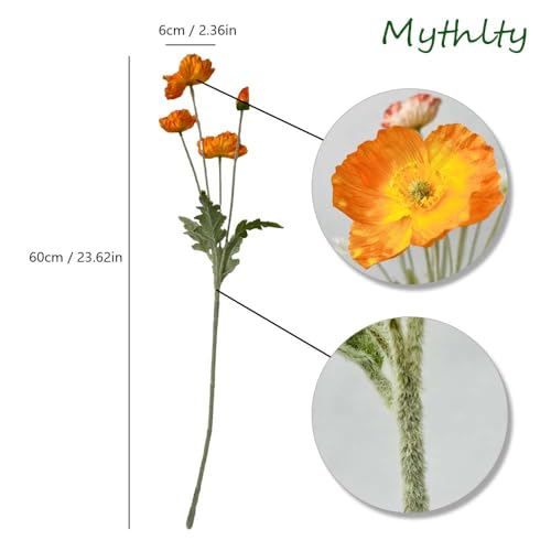 Set of 6 Poppies Flowers Artificial Silk Flowers with Long Stems Faux Wildflowers Bouquet for Vases Oil Pastel Style for Wedding Party Indoor Home Office Decor (Orange) - color: Orange