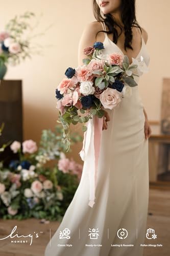 Ling's moment Dusty Rose Navy Blue Bridal Bouquet Cascading, Pink and Blue Wedding Bouquets for Bride, 15 Inch Silk Artificial Wedding Flower Bouquet - color: Pk-exquisite Dusty Rose & Navy, size: Medium 15 Inch