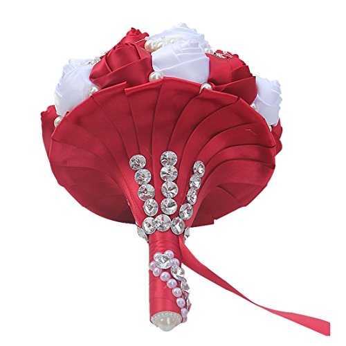 S_SSOY Customizable Romantic Wedding Bouquets Silk Flowers Bridal Holding Roses Bride Bridesmaid Brooch Bouquet with Pearl Diamond Crystal Ribbon Valentine's Day Free Corsage (Wine Red+White) - color: Red+white