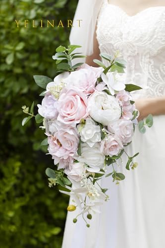 10 Inch Blush Wedding Bouquets for Bride Artificial Roses Flower Cascading Cascade Bridal Bouquet for Rustic Boho Fall Vintage Wedding Ceremony Party and Anniversary - color: Blush