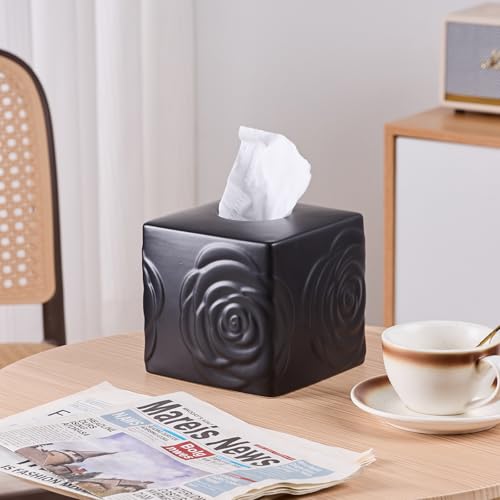Black Ceramic Rose Tissue Box Cover, Carved Flowers Large Square Tissue Box Holder Decorative for Bathroom, Vanity, Kitchen Countertop, Bedroom Night Stands, Office Desk Top - color: Black