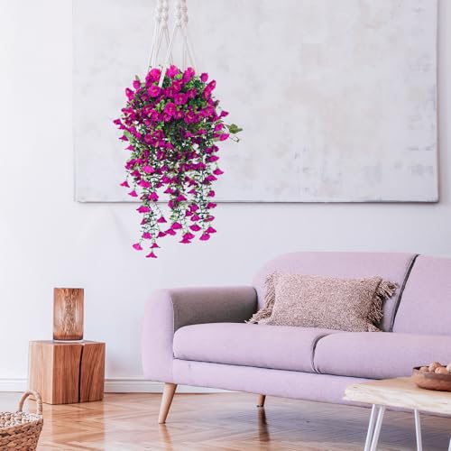 SJL Artificial Flowers for Outdoors Hanging Planters for Outdoor Plants Realistic Morning Glory Silk Flowers with Stems Artificial Eucalyptus Stems for Spring Balcony Backyard Kitchen Decor(Fuchsia) - color: Hanging Fuchsia