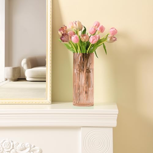 Pink Glass Vase for Flowers Ribbed Glass Vase, Pink Flower Vase, Tall Cylinder Glass Vases for Centerpieces, Living Room, Bedroom, Dining Table, Office, Wedding, Bookshelf Decoration,10 Inches - color: Pink, size: 10''