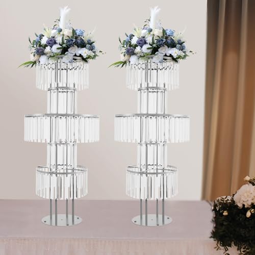 2Pcs 5 Tiers Wedding Centerpieces Vase, 43.3" Tall Wedding Centerpieces Crystal Flower Stand, 5-Tier Crystal Vase with 11" Round Base for Party Event Home Decoration (Silver) - color: Silver+round Base