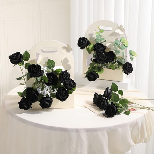 Hawesome 12PCS Artificial Flowers Fake Roses, Realistic Velvet Long Stem Red Roses Bouquet for Wedding Centerpiece Home Decor Party & Valentines (Black) - color: Black