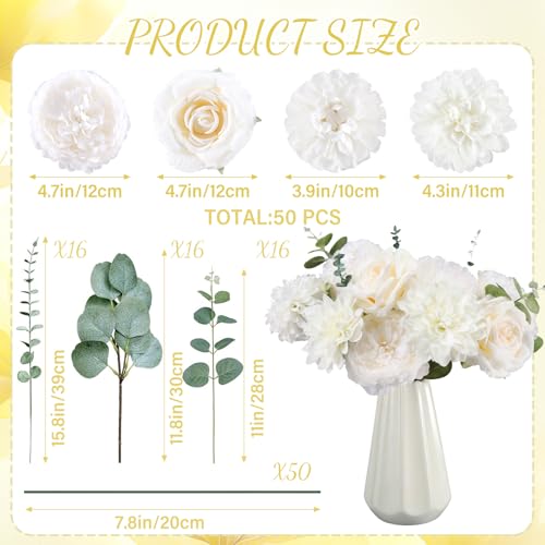 Suncalla 98 Pcs Artificial Flowers Bouquet Assorted Faux Flowers Heads with Stem Eucalyptus Leaves Silk Floral Table Centerpiece for DIY Wedding Party Wreath Home Decor(White Color) - color: White Color