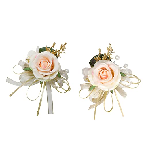 Pink Rose Wrist Flower Corsage & Boutonniere Set for Wedding Bride Bridesmaid Groom Groomsmen Parents Suit Lapel Pin Button Hole Flower for Prom Homecoming, Tea Party, Formal Dinner - color: Pink Set