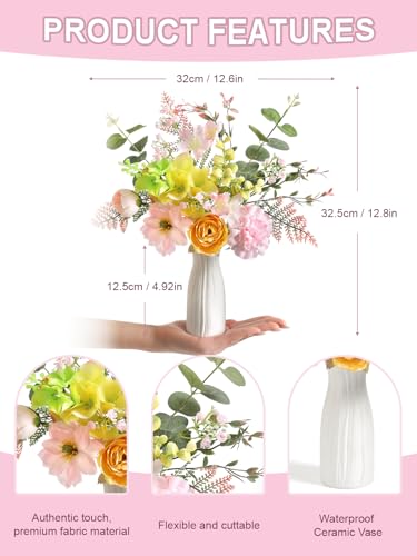 Small 11.8" Artificial Flowers in Ceramic Vase - Yellow Pink Silk Flower Centerpiece for Dining Table, Office, Wedding & Farmhouse, Home Decor Gifts - color: Yellow Pink