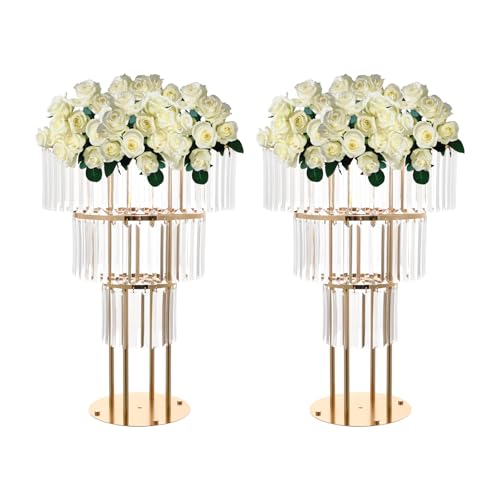 2Pcs 3 Tiers Wedding Centerpieces Vase, 28.34" Tall Wedding Centerpieces Crystal Flower Stand, 3-Tier Crystal Vase with 11" Round Base for Party Event Home Decoration (Gold) - color: 3 Tiers+gold+11"round Base