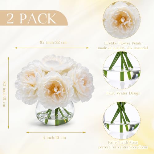 Zeyune 2 Pack Peonies Artificial Flowers with Vase Faux Peonies Flowers Fake Silk Peony with Faux Water for Home Table Centerpieces Wedding Baby Shower Birthday Party Decoration (White) - color: White, style: Peonies