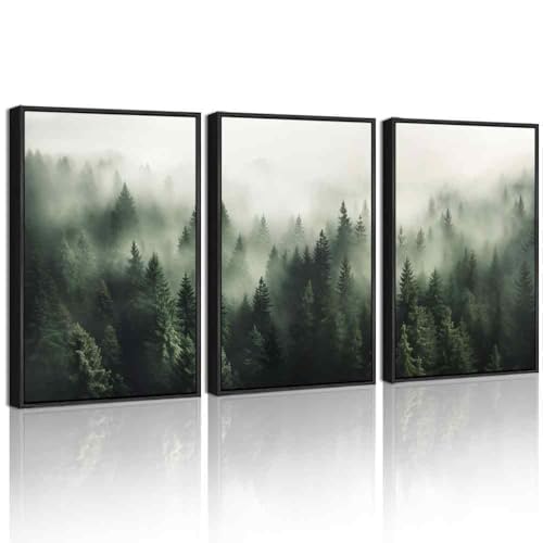 PHOPAGO Green Fog Pine Tree Framed Wall Art Nature Misty Nordic Forests Artwork Morden Paints for Kitchen Hallway Decor - 11x14in Black Framed - color: Green Pine Forest, size: 14L" x 11W" x 3 Pcs Black