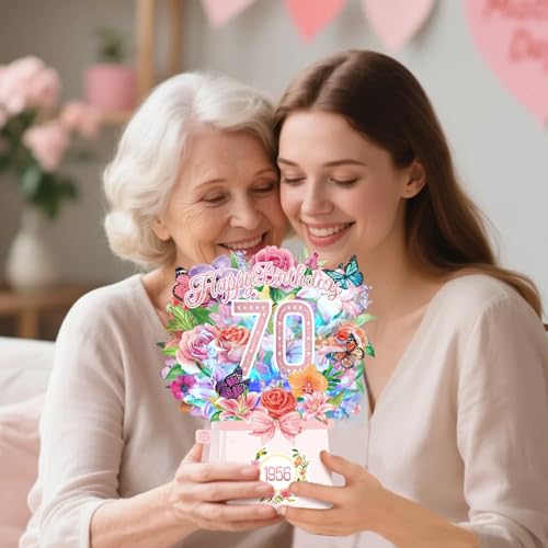 70th Birthday Cards, Light and Music 70 Years Old Happy Birthday Card, Rose Lily Orchid and Butterflies, 10 Inch Forever Flower Bouquet 3D Pop Up 1956 Birthday Gift Card for Women Wife Mom Grandma Sister - size: 1956-70th