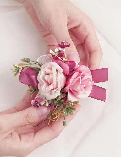 Alizeal 2Pcs of Wrist Corsage and Boutonniere Set, Artificial Flowers Accessories Suit Decor for Wedding Prom Party Homecoming Ceremony, Light Pink+Coral - color: 701-light Pink+coral