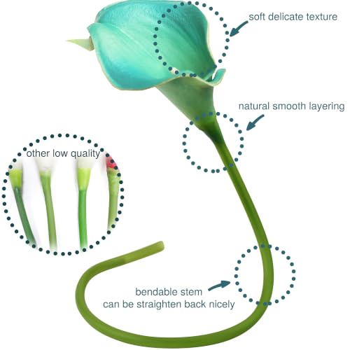 FiveSeasonStuff Cerulean Blue Real Touch Calla Lilies, 15 Artificial PU Flower Stems with Bendable Green Stems, Faux Calla Lily Bouquet for Vase Arrangements - color: Cerulean Blue