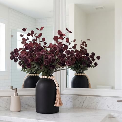20''H Fake Flowers in Large Vase for Centerpiece Table Decorations with 10Pcs Fake Mums Flowers Eucalyptus Stems Faux Pompon Kiku Flowers Arrangement for Home Decor (Burgundy/Black Vase) - color: Burgundy/Black Vase