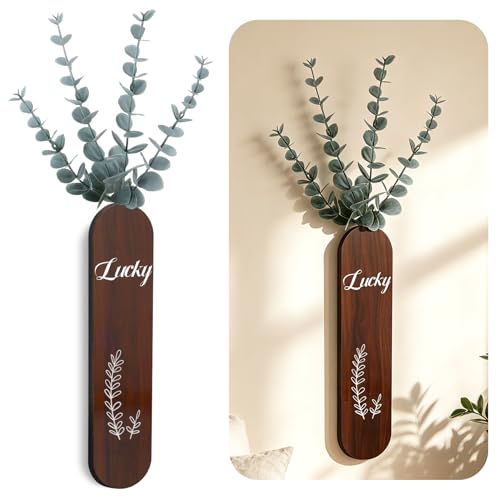 Woration 1PC Hanging Wooden Artificial Eucalyptus Leaves Stem Wall Decoration Brown Wood Vase Planter with Fake Greenery Branches for Home Office Wedding Christmas Decor | Wood Vase Planter, Fake Greenery Branches, Home Office Wedding Christmas Decor, 1PC