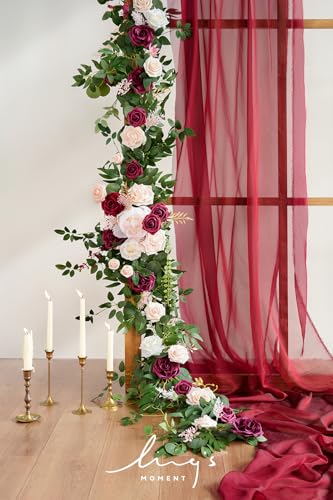 Ling's moment 9FT Spring Flower Garland - Wedding Arch Flowers, Eucalyptus & Rose, Artificial Floral Garland for Mantle - Sweetheart Table Decor for Reception, Backdrop Decorations, Marsala - color: Red-marsala