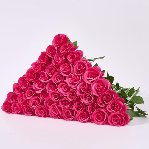 60 PCS Fake Hot Pink Roses Artificial Flowers Bulk Realistic Silk Faux Rose with Stems for Wedding Decoration Anniversary Bridal Bouquet DIY Floral Arrangement Romantic Home Decor Gifts - color: Hot Pink