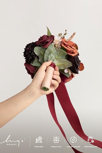 Ling's moment Burgundy & Burnt Orange Artificial Wedding Flower Bouquets for Bridesmaids Red Floral Bouquet Bridesmaid Bouquets with Ribbon Ceremony Anniversary,7-inch Diameter - color: Rd-burgundy & Burnt Orange