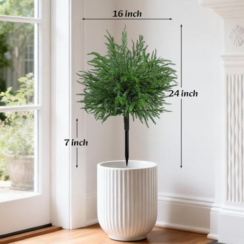 Bdor 24" Artificial Norfolk Pine Topiary Bush with Ground Stake, UV Resistant Fake Pine Shrubs for Outdoors, Weatherproof Faux Greenery Plants for Garden, Patio, Yard, 2 Pack - style: norfolk