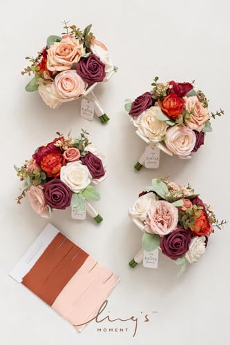 Ling's moment Artificial Flowers Burnt Orange Bridesmaid Bouquet Set of 4, Terracotta Wedding Flowers Bouquets for Bridesmaids, 7 Inch Bridal Bouquets for Bridesmaids, Wedding, etc - color: Or-burnt Orange