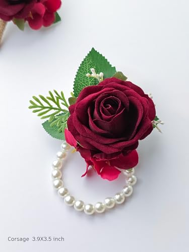 Burgundy Rose Corsage and Boutonniere Set Wristlet Corsage for Bride Bridesmaids, Boutonniere for Groom Groomsmen Prom Wedding Flowers Accessories,Homecoming, Anniversary, Graduation (Burgundy) - color: Burgundy