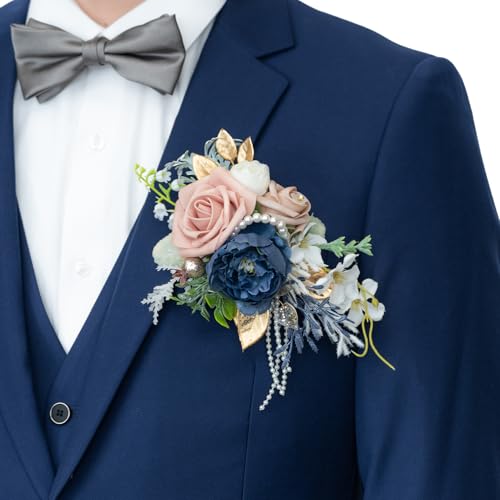 TINGE TIME Luxury Groom Boutonniere for Wedding, 1 PCS Pocket Boutonniere for Men, Artificial Corsage for Wedding, Prom, Homecoming, Anniversary, Graduation (DustyRose&NavyBlue) - color: Dusty Rose & Navy Blue