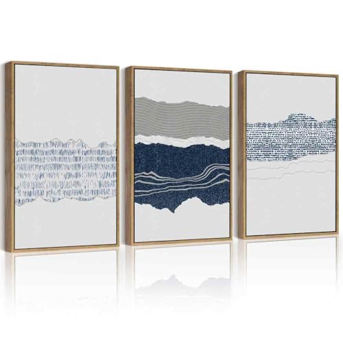 PHOPAGO Navy Blue Abstract Framed Wall Art Mid Century Minimalist Boho Wall Decor Modern Neutral Farmhouse Rustic Art Bedroom Living Decor - 11x14in Natural Framed - color: Blue Abstract, size: 14L" x 11W" x 3 Pcs Natural