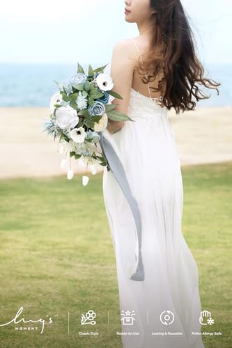 Ling's moment Dusty Blue Bridal Bouquet Cascading, Wedding Bouquets for Bride, 15 Inch Bride Bouquets for Wedding Artificial Flowers Bouquets - color: Blu-dusty Blue, size: Medium 15 Inch
