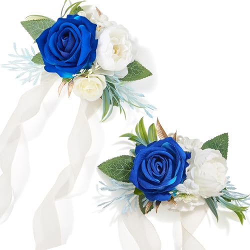 Alecono Set of 2 Wrist Corsage for Wedding, Navy Blue Corsages for Bride Bridesmaid, Artificial Flowers for Prom Graduation Ceremony Anniversary - color: Navy Blue, size: Wrist Corsage 2pcs