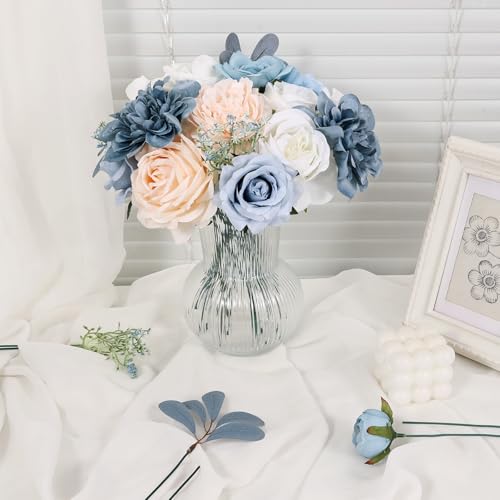 Artificial Flowers Combo Box Blue Fake Flower Bouquet Set for Wedding Centerpieces Arrangements Bridal Shower Birthday Party DIY Decorations - color: Light Blue